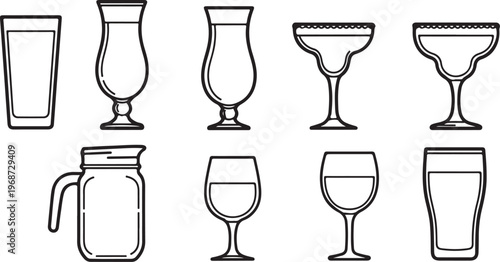 Assorted kitchenware and drinkware items including glasses, bottles, and jugs Vector