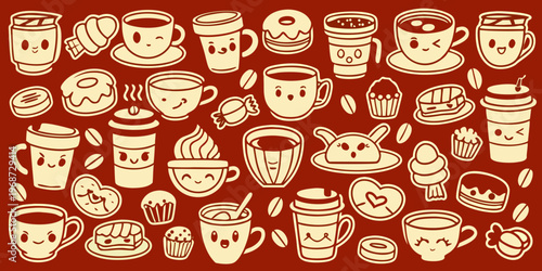 Collection of cute hand drawn beverages and sweet treats on red