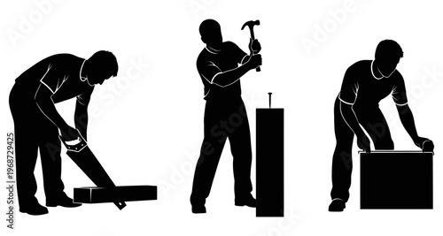 Carpenters Silhouettes Sawing Hammering and Assembling Wood in WorkshopMinimalist Vector