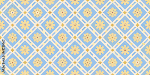 A repeating pattern featuring yellow flowers and diamond shapes on blue
