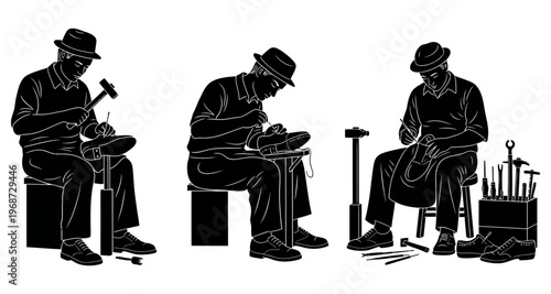 Cobblers Working on Shoes Traditional Craftsmanship Silhouette Style Artisanal Workshop