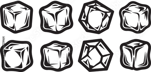 A collection of eight different geometric dice with various patterns and numbers. Vector