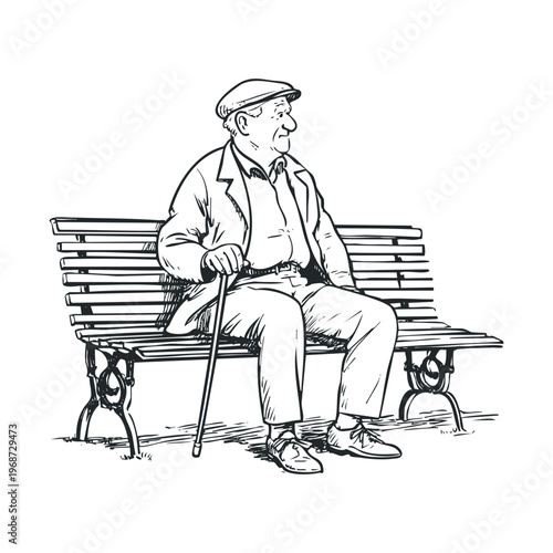 Elderly man sits on a park bench, holding a walking stick and wearing a cap, captured in a thoughtful hand-drawn sketch illustration.