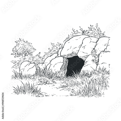 Cave entrance formed by large rocks nestled within a grassy landscape with trees, depicted in a classic hand-drawn black and white line art illustration style.