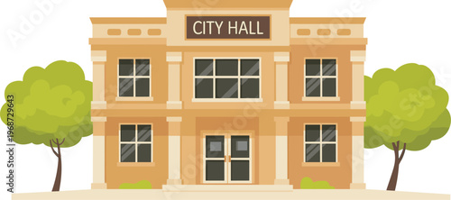 Flat style city hall building vector illustration with trees and classic architecture for municipal government local community services and urban landscape design,