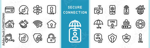 Large set of VPN and secure connection vector line icons for cybersecurity