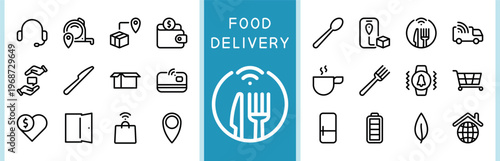 Smart food delivery and online restaurant service vector line icons pack