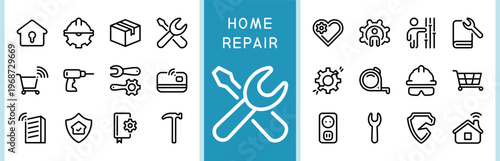 Comprehensive home repair and professional house maintenance line icon set