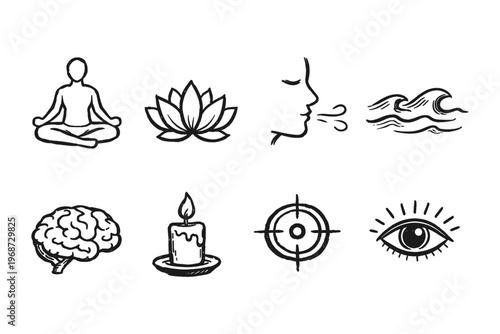 Collection of hand-drawn icons representing mindfulness, meditation, and well-being concepts