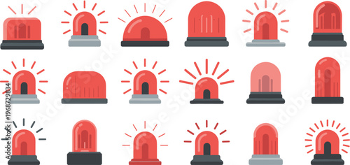 Red emergency siren and police flasher icon set featuring flashing light symbols for security alarm alert systems and safety notification interface design