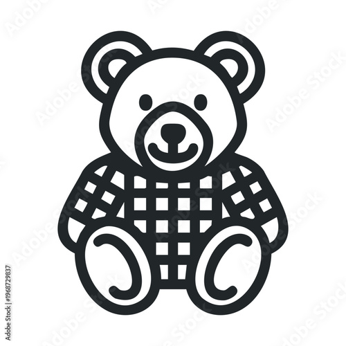 Teddy bear drawing, a cute monochrome vector graphic of a traditional cuddly toy featuring a distinctive plaid pattern, suitable for kids' content.