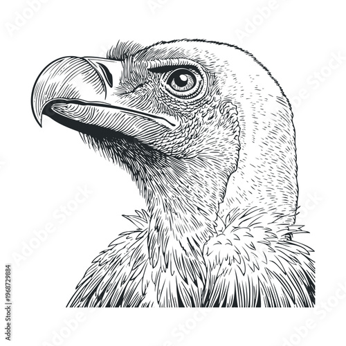 Majestic vulture head illustration in a detailed vintage engraving style, showcasing the powerful beak and intense gaze of this scavenger bird.