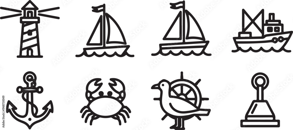 Naklejka premium A collection of nautical-themed illustrations and symbols Vector
