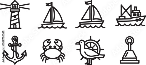 A collection of nautical-themed illustrations and symbols Vector