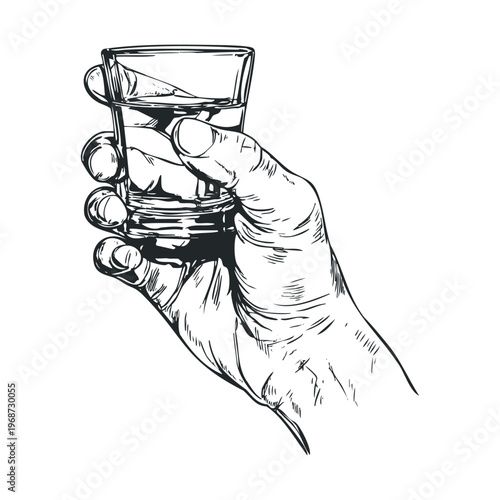 Hand holding shot glass filled with clear liquid, depicted in a classic hand-drawn sketch style, suitable for a wide range of beverage and celebration themes.