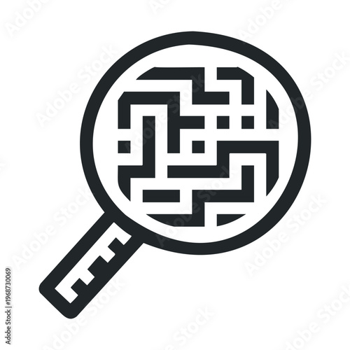 Magnifying glass reveals a complex maze pattern, symbolizing the intricate process of problem-solving, investigation, and finding solutions through careful examination.