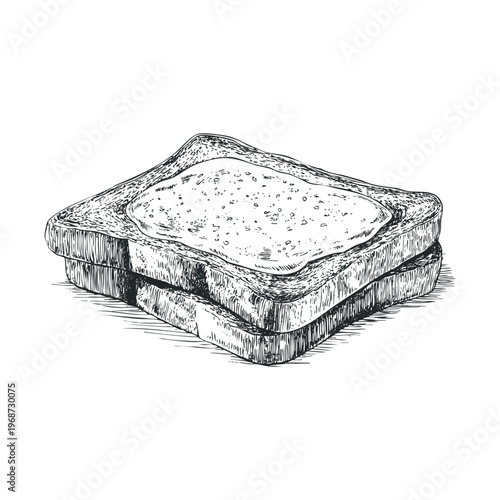 Two slices of toast with a delicious spread on top, hand-drawn in a classic vintage engraving style, perfect for breakfast or bakery designs.