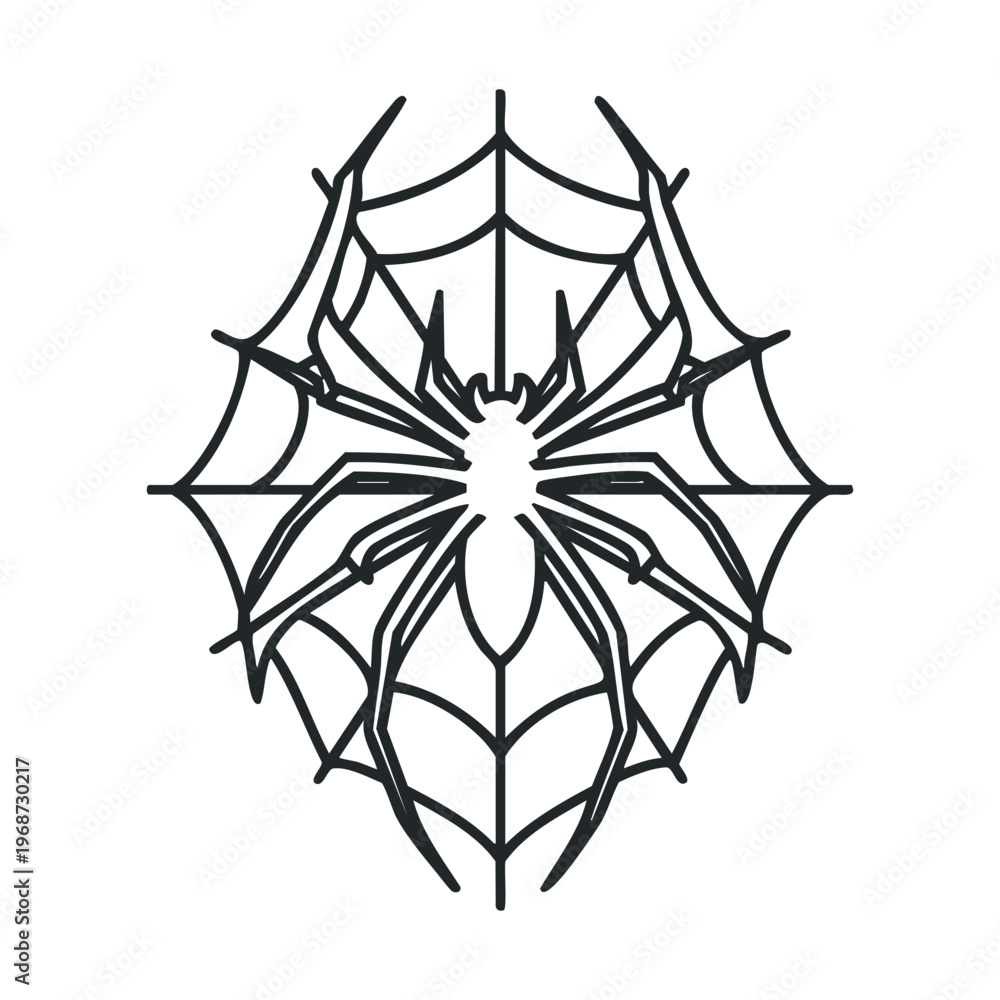 Obraz premium Black outline spider on a spiderweb creating a simple yet striking graphic illustration for various design projects and Halloween themes.