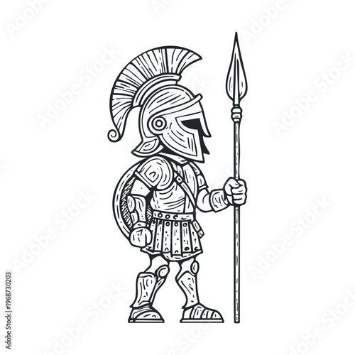 Ancient warrior character illustration wearing a classic helmet and armor while holding a long spear and shield, depicted in a detailed line art style.
