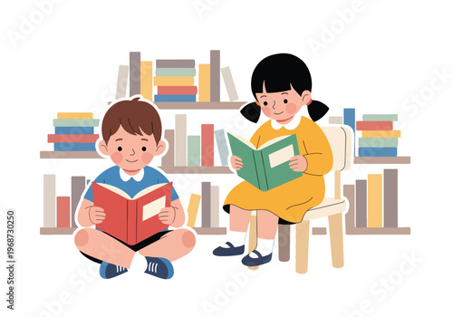 Flat style vector illustration of children reading books in a school library, sitting with shelves background, promoting literacy and calm focused learning environment