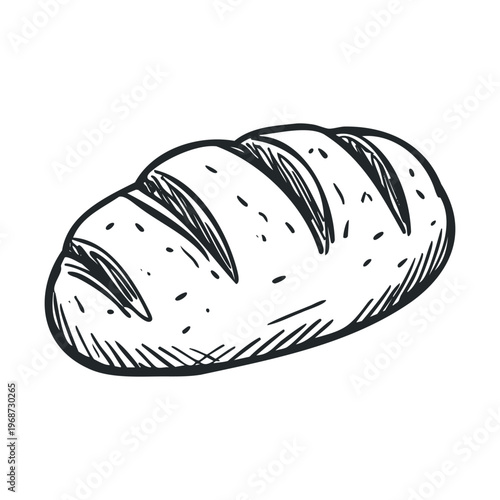 Sketch illustration of a rustic loaf of bread, depicting a freshly baked staple food item with traditional scoring marks on its crust, rendered in a vintage engraving style.