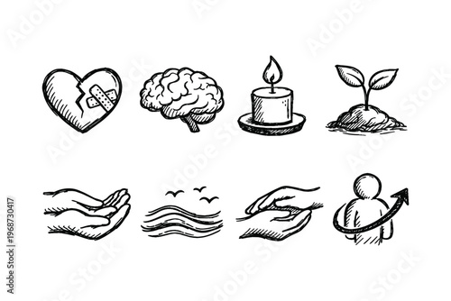 Collection of hand-drawn icons representing healing, growth, and well-being concepts