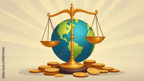 Justice, law, balance scale, global finance, earth, gold coins, vector illustration