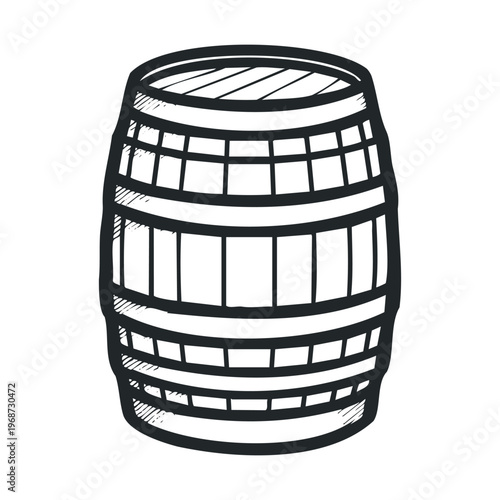 Wooden barrel illustration in a classic hand-drawn sketch style, typically used for storing wine, beer, or other alcoholic beverages.