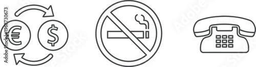 Vector icons of currency exchange, no smoking and telephone symbol
