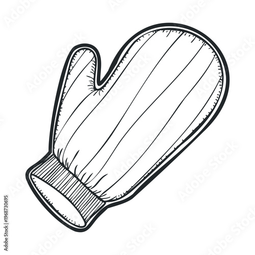 Oven mitt kitchen glove drawing sketch illustration depicts a single protective hand covering for cooking and baking in a simple black and white line art style.