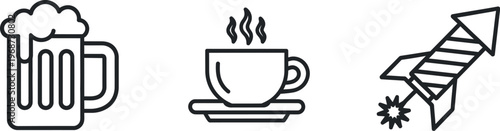 Vector icons of beer mug, steaming cup of coffee, and rocket