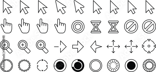 Computer mouse cursor arrow and loading spinner line icon set featuring hand pointer hourglass and navigation symbols for software interface design