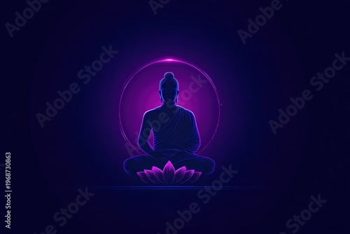 Buddha sitting in meditation with lotus flower and glowing circle in dark background