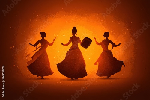 Dancers perform traditional movements against a bright orange background during a cultural celebration at night