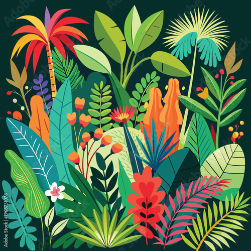 Vibrant flat vector jungle plants composition with green leaves
