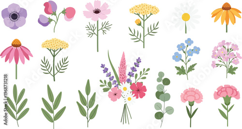 Beautiful vector illustration featuring a variety of colorful blossoms and foliage. Perfect for botanical designs, greeting cards, invitations, and nature-themed projects, offering a fresh, cheerful a