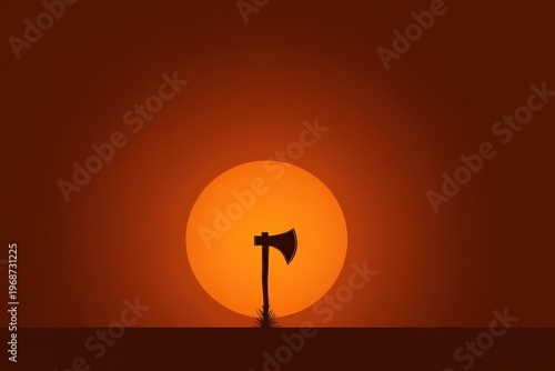 Sunset with a silhouette of an axe and a plant in a barren landscape highlighting the changing of day to night