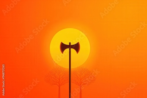Sunset backdrop with a silhouette of an axe and bare trees in a simple design