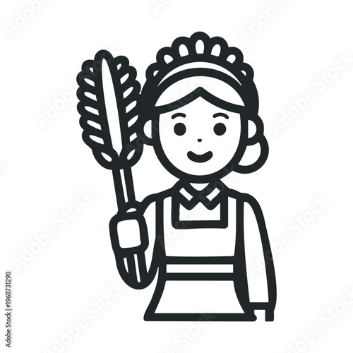Smiling maid holding a feather duster, wearing a traditional uniform with an apron and a cap, ready to clean with a cheerful attitude.