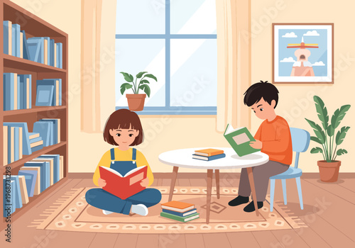 Flat style vector illustration of children reading books in a school library, sitting with shelves background, promoting literacy and calm focused learning environment