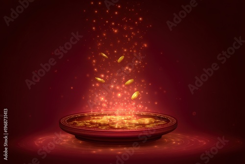 Coins drop into a bowl surrounded by glowing lights and sparkles during a festive event at night in a dark setting