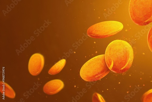 Floating orange tablets move through a golden background creating a sense of depth and motion in the scene