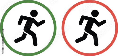 Running man icons green red circles traffic safety signs pedestrian signal symbol vector illustration design