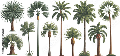 Tropical palm tree vector collection featuring various species like fan and coconut palms for summer vacation travel posters and botanical landscape design,