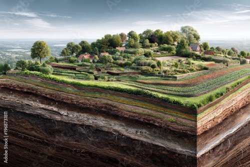 Layers of soil and plant life show farming and gardening in a rural landscape during daylight hours