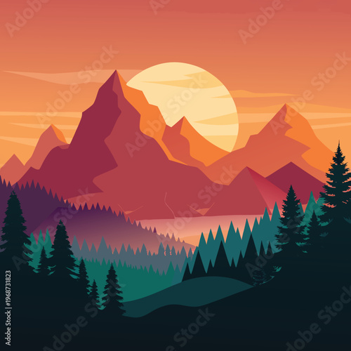 dramatic mountain forest landscape silhouette at sunrise