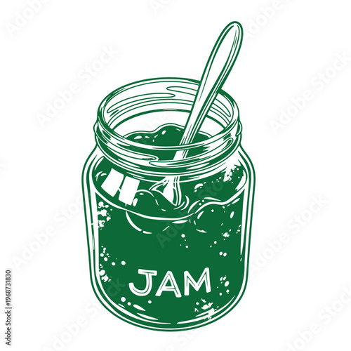 Green jam in a glass jar with a spoon and the word jam