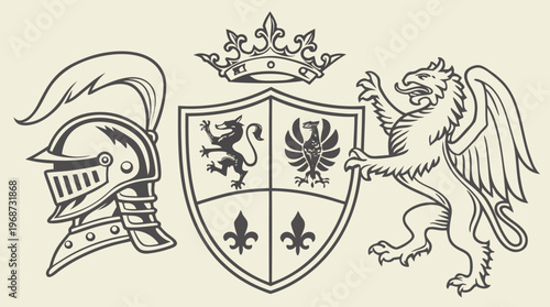 Vector heraldic set of illustration in vintage style with shield, crown, different beasts and knight helmet for design. Coat of arms generator. vector 

