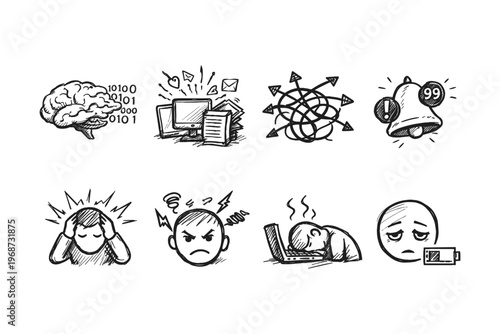 Collection of hand-drawn icons illustrating stress, burnout, and mental overload