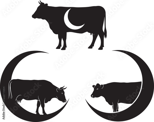 Cow Crescent Moon Silhouette Vector Set - Islamic Qurban Cattle with Crescent Design